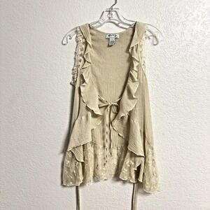 Myth NYC Blouse Womens Small Cream Boho Lace Ruffle Sheer Tie Front